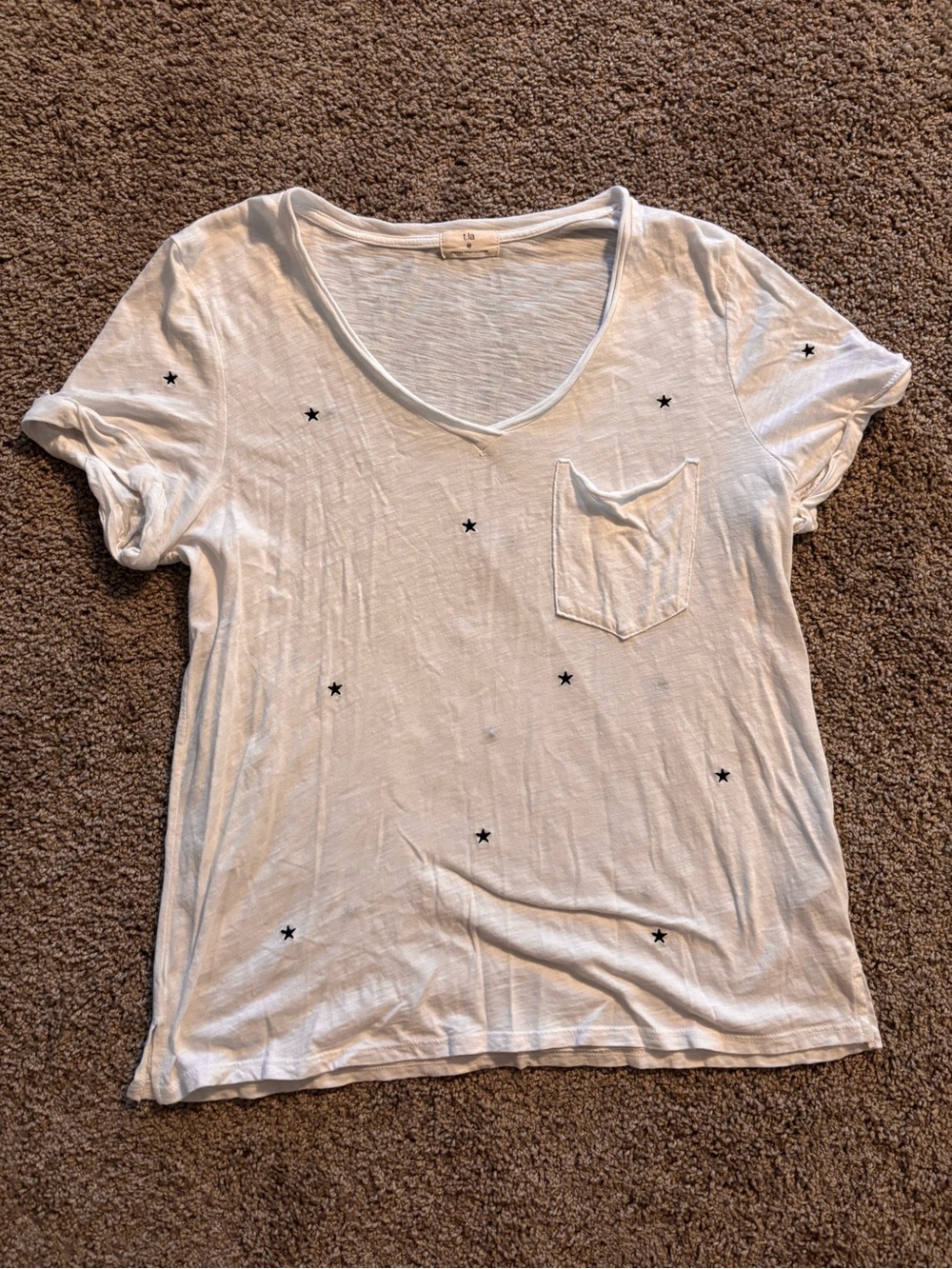 T.La White V-Neck Pocket Tee with Black Star Accents - medium